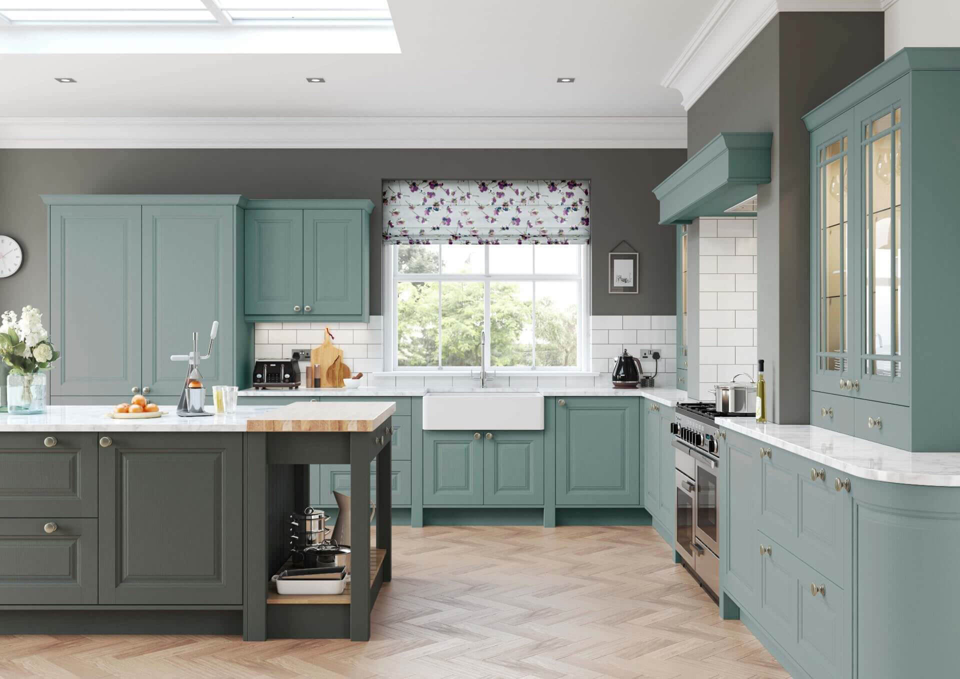 light grey and sage green kitchen